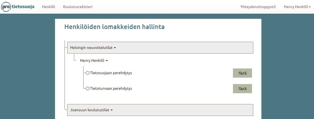 Hänelle näkyy navigointipalkissa ainoastaan Henkilö- ja Koulutusrekisteri-osiot Kuva: Esimiehen käyttöliittymänäkymä Sen jälkeen Esimies tai Käyttäjä luo/avaa henkilölle oman perehdytyksen tämän