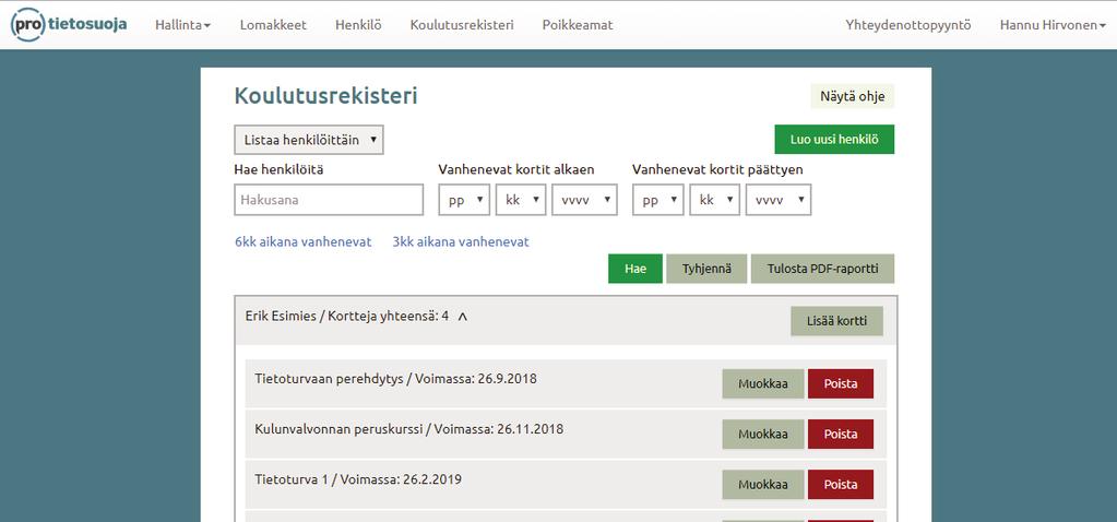 Kun valitaan listaus henkilöittäin, kortteja lisätään henkilölle näin: valitse haluttu henkilö valikosta lisää henkilölle kortti Lisää kortti -napista.
