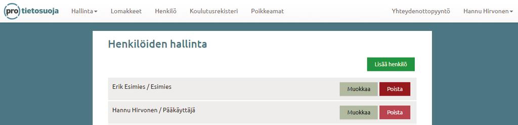 Henkilöiden lisääminen Palveluun lisätään organisaation henkilöstö. Kullekin määritellään sopiva rooli sekä käyttäjätunnukset ja -oikeudet. Lisäys tehdään Hallinta-valikon Henkilöt-osion kautta.