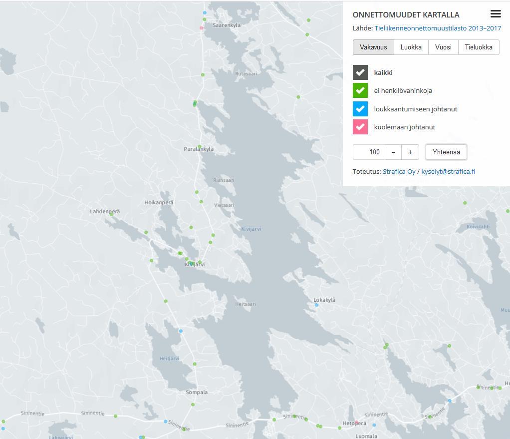 Kivijärven liikenneonnettomuustilastot 1/3 Lähde: Tieliikenneonnettomuustilastopalvelu (linkki), Strafican karttapalvelu