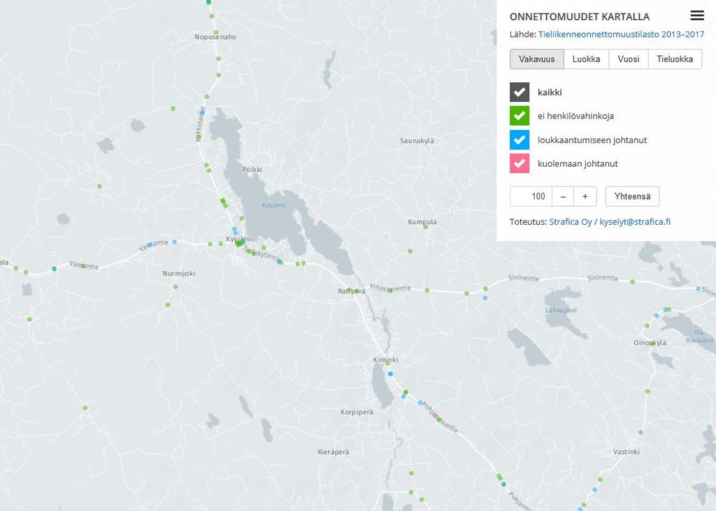 Kyyjärven liikenneonnettomuustilastot 1/3 Lähde: Tieliikenneonnettomuustilastopalvelu (linkki), Strafican karttapalvelu