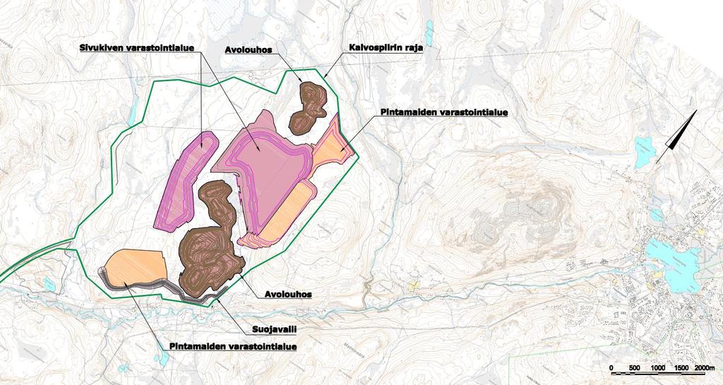 Kuva 3 Louhosten sijainti ja kaivospiirin raja Kuervitikon louhos avataan suunnitelmien mukaan noin 12 vuoden kuluttua Hannukaisen louhinnan aloittamisesta.