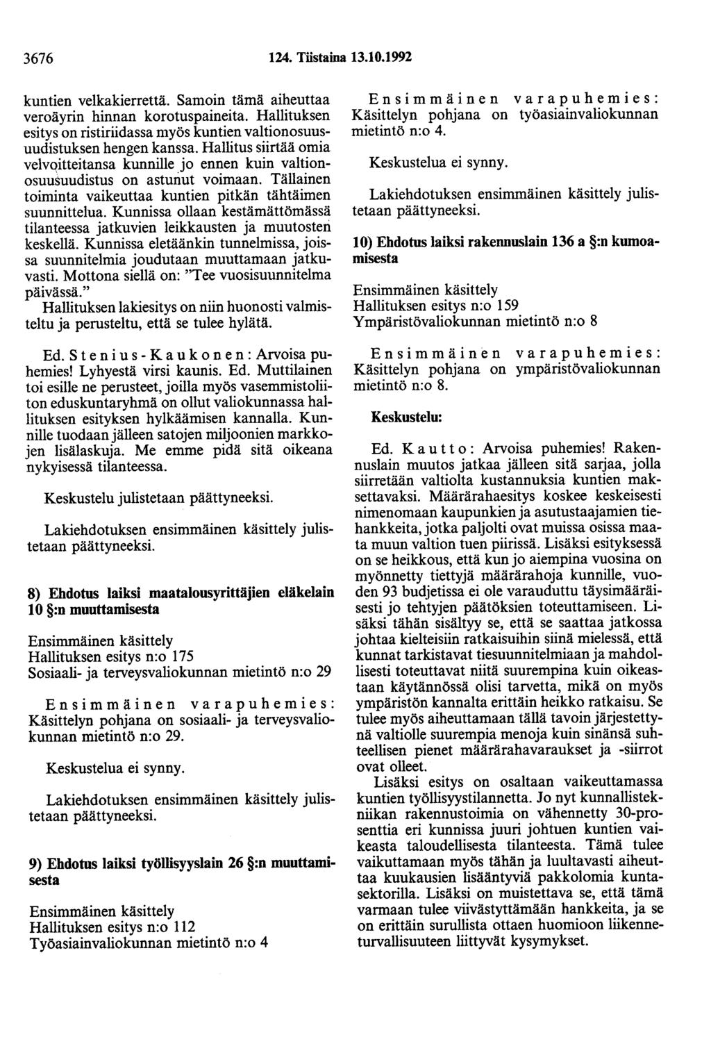 3676 124. Tiistaina 13.10.1992 kuntien velkakierrettä. Samoin tämä aiheuttaa veroäyrin hinnan korotuspaineita. Hallituksen esitys on ristiriidassa myös kuntien valtionosuusuudistuksen hengen kanssa.