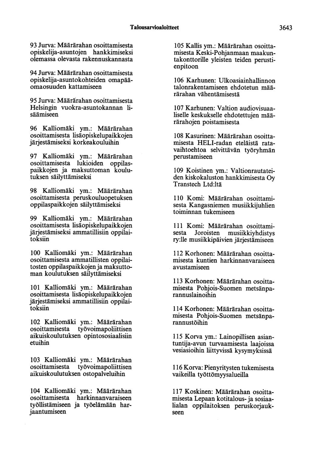 Talousarvioaloitteet 3643 93 Jurva: Määrärahan osoittamisesta opiskelija-asuntojen hankkimiseksi olemassa olevasta rakennuskannasta 94 Jurva: Määrärahan osoittamisesta opiskelija-asuntokohteiden