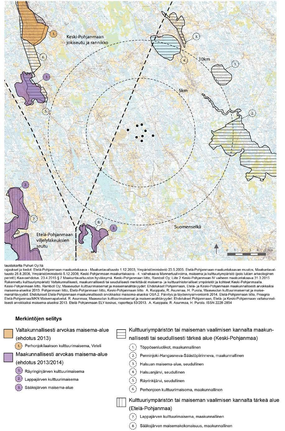 Kuva 8. Arvokkaat maisema-alueet tuulivoimapuiston vaikutusalueella.