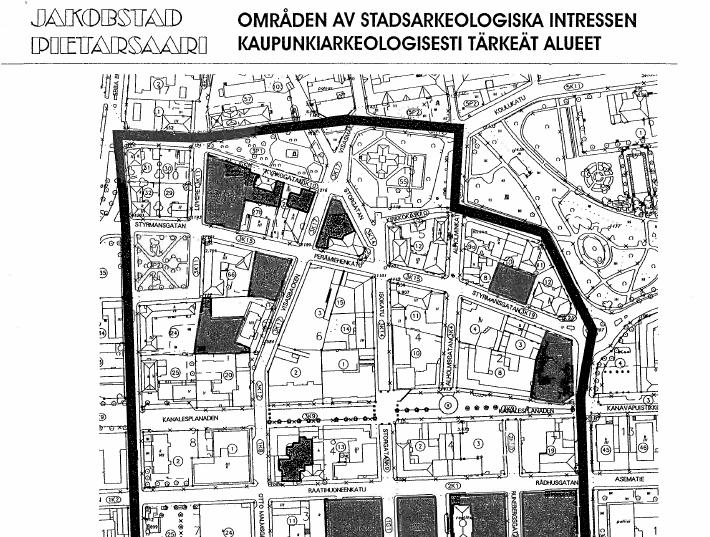 stadsplan som uppgjordes före den stora branden. å tomten finns två träbyggnader som i gällande detaljplan är skyddade.