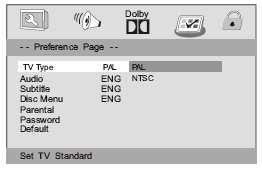PAL - PAL-värijärjestelmän televisioon liitettäessä. NTSC-järjestelmällä tallennetut levyt näytetään PAL-muodossa. NTSC - NTSC-värijärjestelmän televisioon liitettäessä.