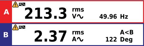 Industrial ScopeMeter Tehon ja harmonisten yliaaltojen tila Taulukossa 4 näkyvät näytön lukemat, kun Voltage/Current (Jännite/virta) on valittuna. Taulukko 4.
