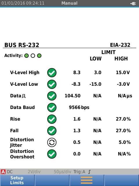 123B/124B/125B Käyttöohje Näytön lukeminen Väylämittausnäytössä näkyvät signaalin eri ominaisuuksien tilat. Avaa se siirtymällä päänäyttöön ja painamalla 3.