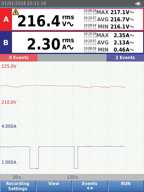 Industrial ScopeMeter Tallennintila 5. Syötä aika tunteina ja minuutteina painikkeilla YZWX ja. Tapahtumat (Events) kertovat, kuinka usein mitattu lukema poikkeaa nauhoituksen alun lukemasta.