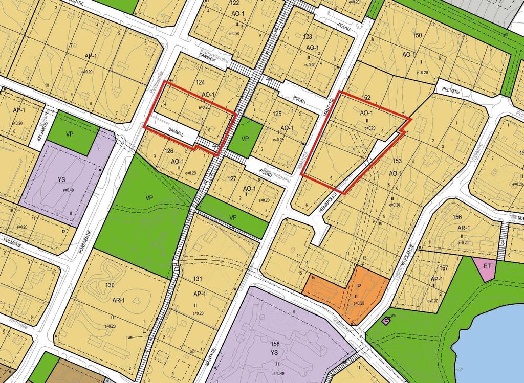 VIEREMÄN KUNTA MÄNTYKANKAAN ALUEEN ASEMAKAAVAN MUUTOS OSAKORTTELIT 124 JA 152 9 Kuva 6. Ote asemakaavayhdistelmästä ja suunnittelualueen rajaus.