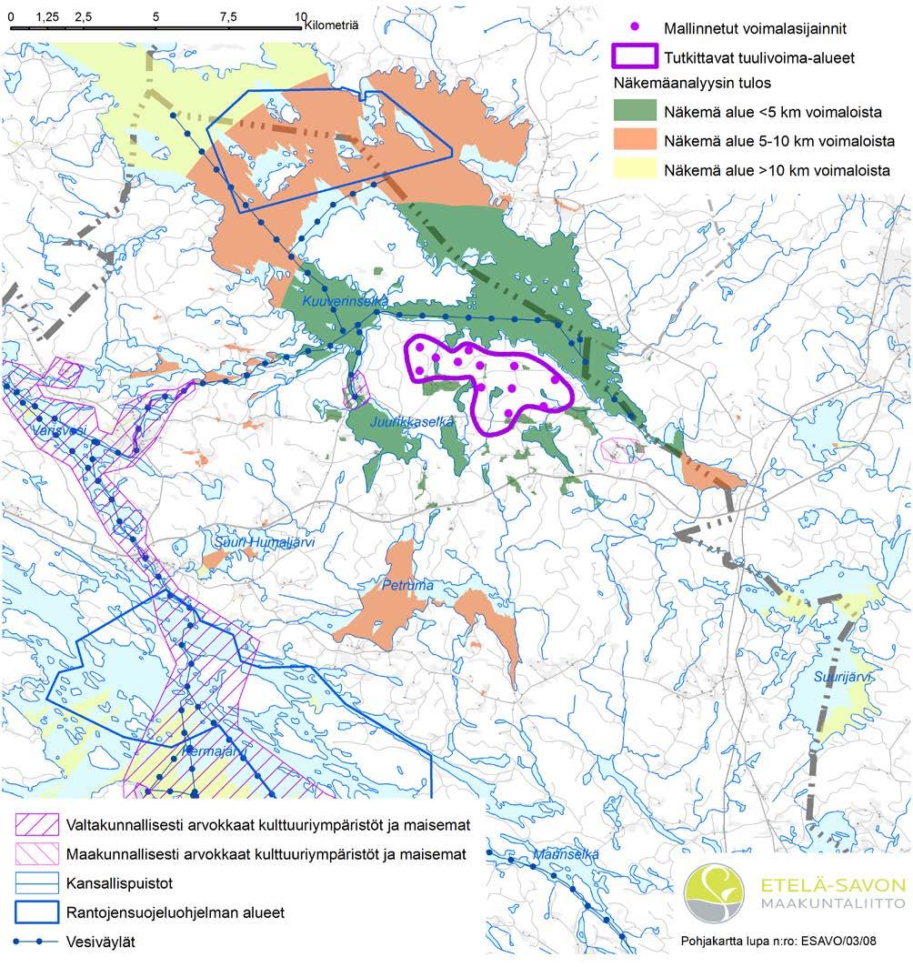 Etelä-Savon 1. vaihemaakuntakaava 18 Kunta Nimi HEINÄVESI VALAMO Näkemän lähialue 0-5 km: Mallinnetun tuulivoima-alueen näkemän lähialue sijoittuu lännessä, pohjoisessa ja idässä Juojärvelle.