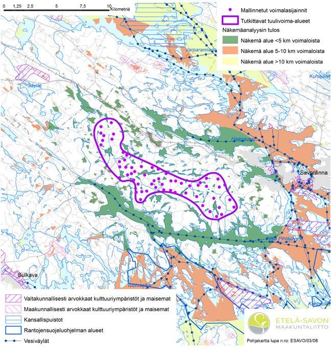 Etelä-Savon 1. vaihemaakuntakaava 39 lähimmillään n. 5km etäisyydellä tuulivoima-alueesta ja taajamaan voi olla satunnaista näkyvyyttä.