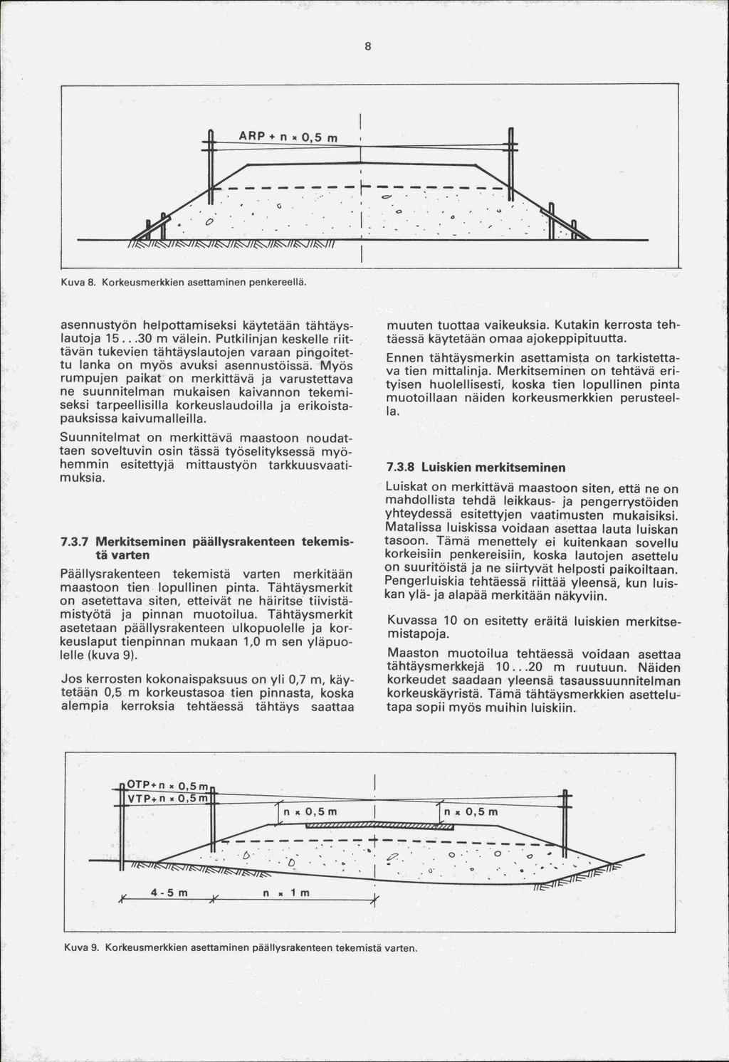 8 / /1:::... 1HT T'TE& Kuva 8. Korkeusmerkkien asettaminen penkereetia. asennustyön helpottamiseksi käytetään tähtäyslautoja 15...30 m välein.