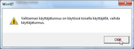 2. Käyttäjätunnus on jo käytössä Jos valittu käyttäjätunnus on jo käytössä toisella työntekijällä, ilmoittaa ohjelma perustietojen tallennuksen yhteydessä, että käyttäjätunnus tulee vaihtaa.