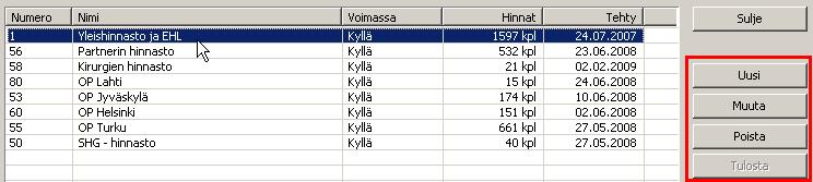 31 / 85 Yllä olevan kuvan mukaisesti hinnastot on lueteltu listassa. Voimassaolo on kytketty parametriin 94, mutta sitä voidaan hallita myös tämän ikkunan kautta.