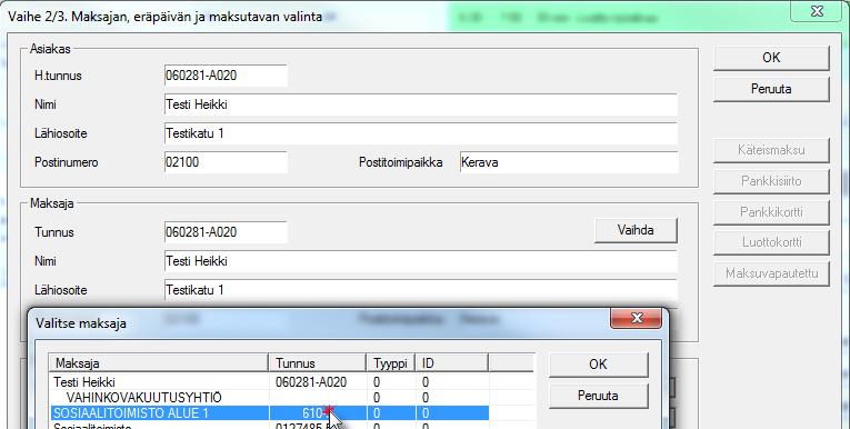 45 / 85 2. Ennen laskun maksutavan valintaa valitaan uusi maksaja. Painetaan Vaihda-painiketta.