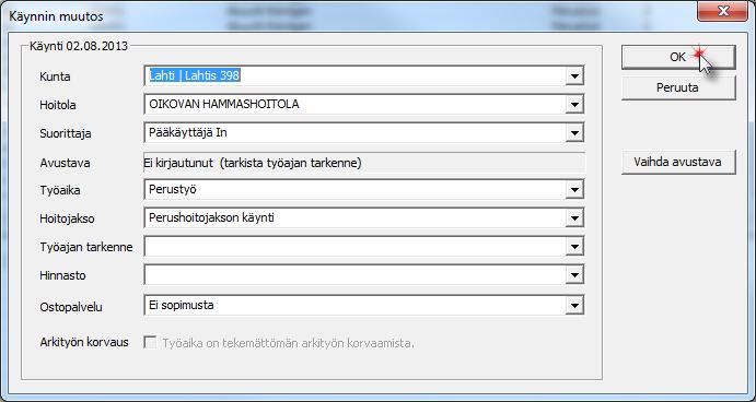 Kun käyntiä korjataan niin, että se vaikuttaa laskutukseen, tulee olemassa oleva lasku mitätöidä. Valitse asiakas jonka käynnin haluat korjata. Avaa käynnin korjaus Ylläpito-valikosta.