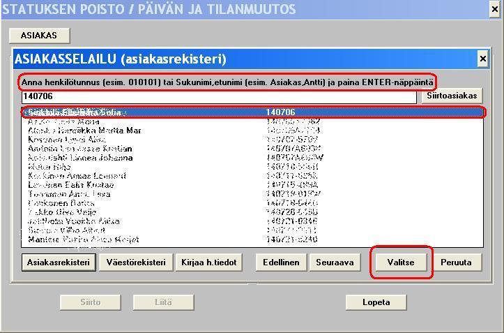 51 / 85 Kirjoitetaan sen asiakkaan henkilötunnus, jonka statusta halutaan korjattavan ja painetaan