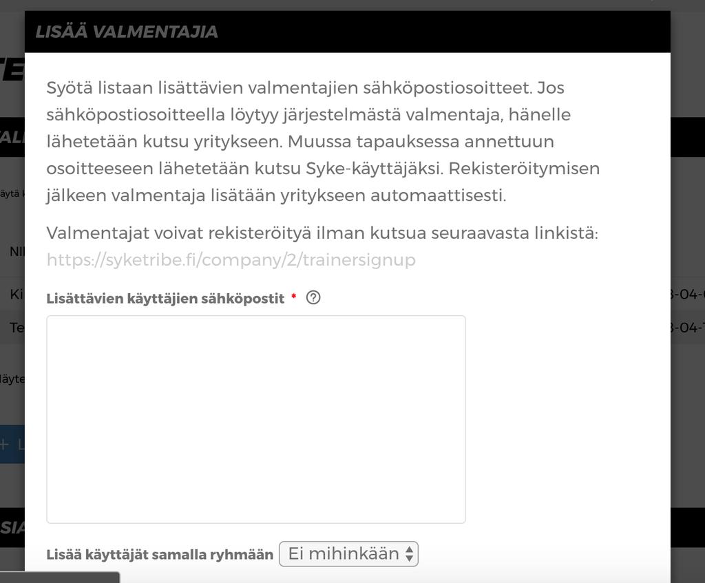 Suosittelemme vaihtoehtoa kaksi, koska silloin voi seurata kuka valmentaja ei ole vielä rekisteröitynyt eli listaan jää merkintä pyyntö lähetetty ja odottaa rekisteröitymistä Mikäli tiedät että