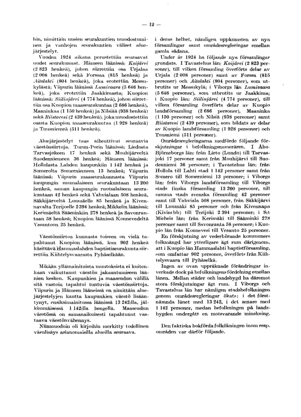 12 - hin, nimittäin niisien seurakuntien, muodostuminen ja vanhojen.seurakuntien väliset aluejärjestelyt. Vuoden 1924 aikana perustettiin seuraavat uudet seurakunnat.