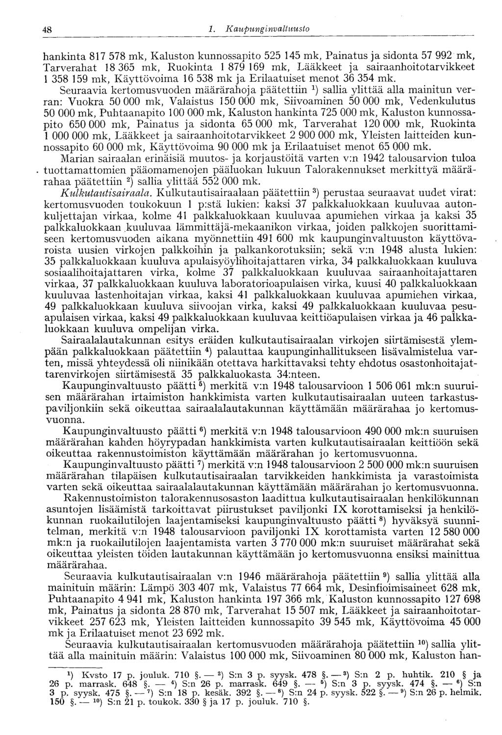 48 1. Kaupunginvaltuusto hankinta 817 578 mk, Kaluston kunnossapito 525 145 mk, Painatus ja sidonta 57 992 mk, Tarverahat 18 365 mk, Ruokinta 1 879 169 mk, Lääkkeet ja sairaanhoitotarvikkeet 1 358