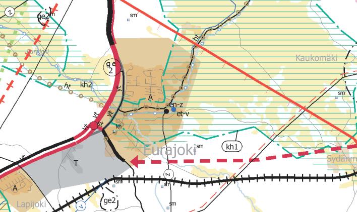 Ote Satakunnan maakuntakaavasta, alustava suunnittelualue on merkitty keltaisella. Satakunnan maakuntakaavassa suunnittelualue sijaitsee taajamatoimintojen alueella (A).