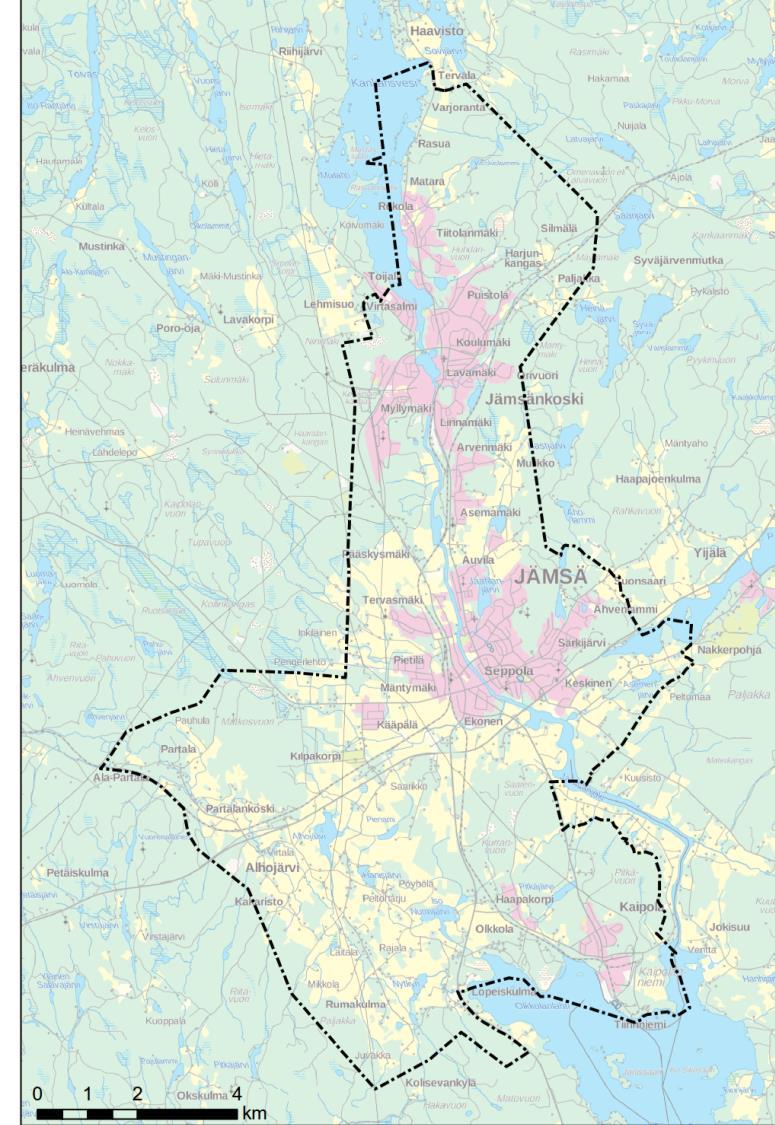 Suunnittelualueen asukasluku 15 000 = noin 70 % kunnan väkiluvusta Suunnittelualueen pinta-ala 108 km2 = noin 6 % kunnan pinta-alasta Yleiskuvaus: - Kaava kattaa Jämsänkosken keskustan, Seppolan