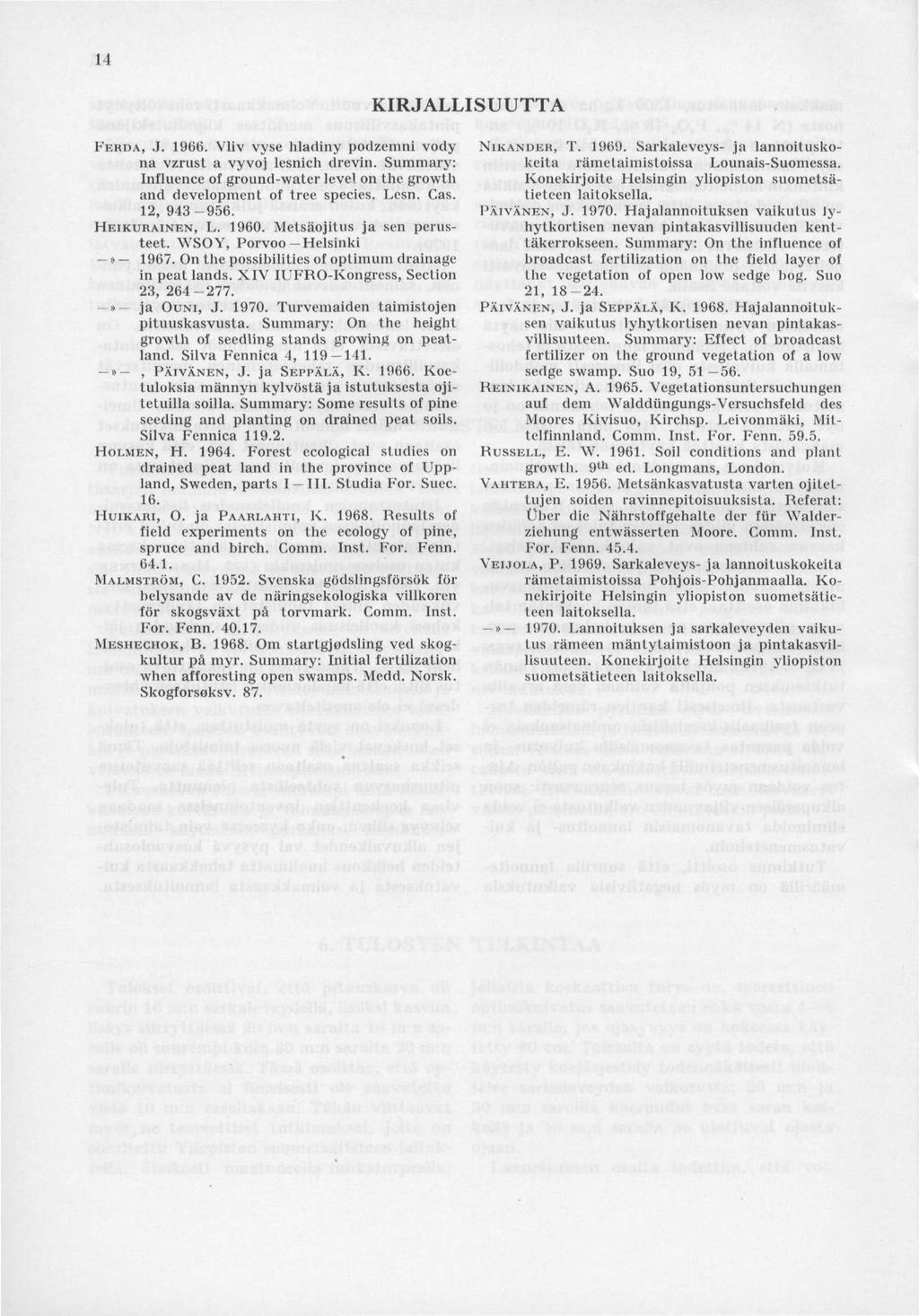 14 KIRJALLISUUTTA FERDA, J.. Vliv vyse hladiny podzemni vody na vzrust a vyvoj lesnich drevin. Summary: Influence of ground-water level on the growth and development of tree species. Lesn. Cas.