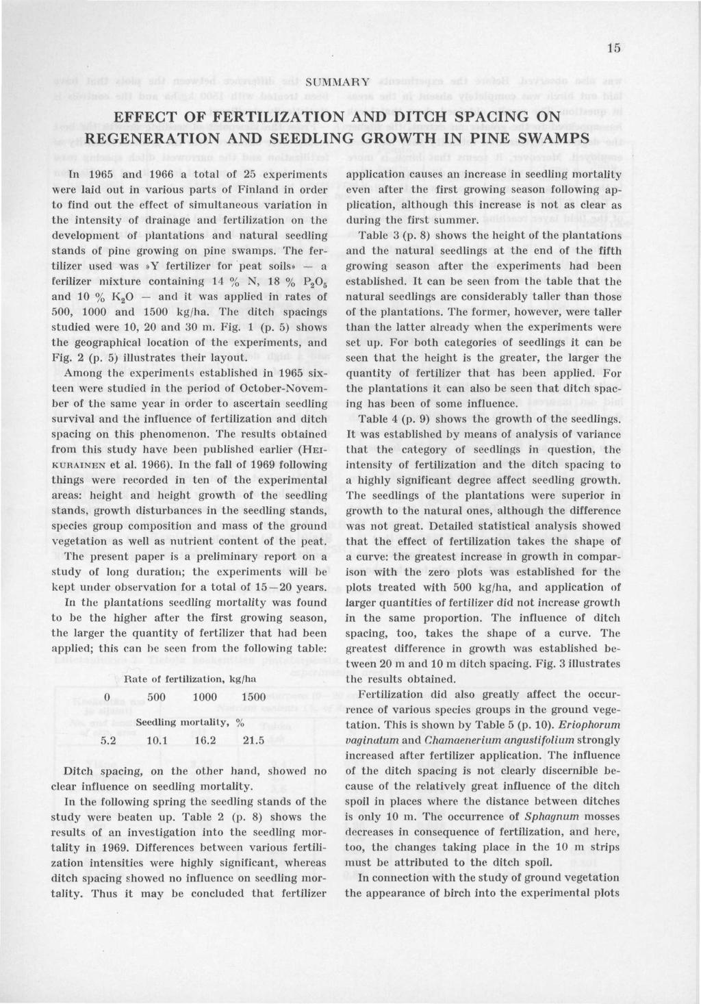 15 SUMMARY EFFECT OF FERTILIZATION AND DITCH SPACING ON REGENERATION AND SEEDLING GROWTH IN PINE SWAMPS In and a total of 25 experiments were laid out in various parts of Finland in order to find out