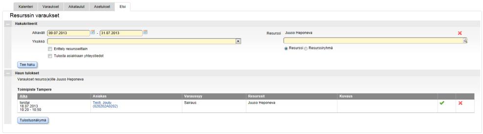 Näyttökuva: Asiakkaan varaukset Resurssin varaukset osiossa voit hakea tietyn resurssin tehdyt varaukset. Varauksia voi hakea aikavälin, resurssin ja yksikön mukaan. 8.4 Muut hakumahdollisuudet 30.