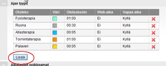 3/19 3. Näyttökuva: Ajantyypit 3.1.1 Ajantyypin lisääminen Halutessasi lisätä uuden ajantyypin valitse painike Lisää.