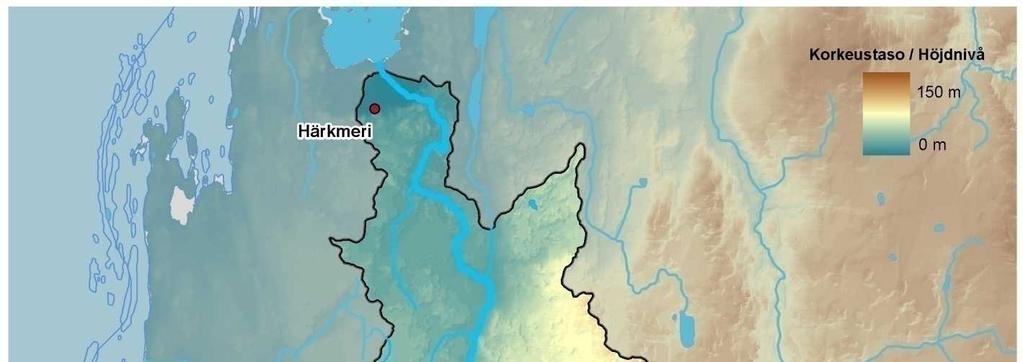 Kuva 4. Härkmerenjoen vesistöalueen korkeussuhteet. ( SYKE, ELY-keskukset; topografia Maanmittauslaitos lupa nro 7/MML/09) 2.3 Maankäyttö Vesistöalueesta lähes 80 % on metsämaata ja maatalousaluetta.