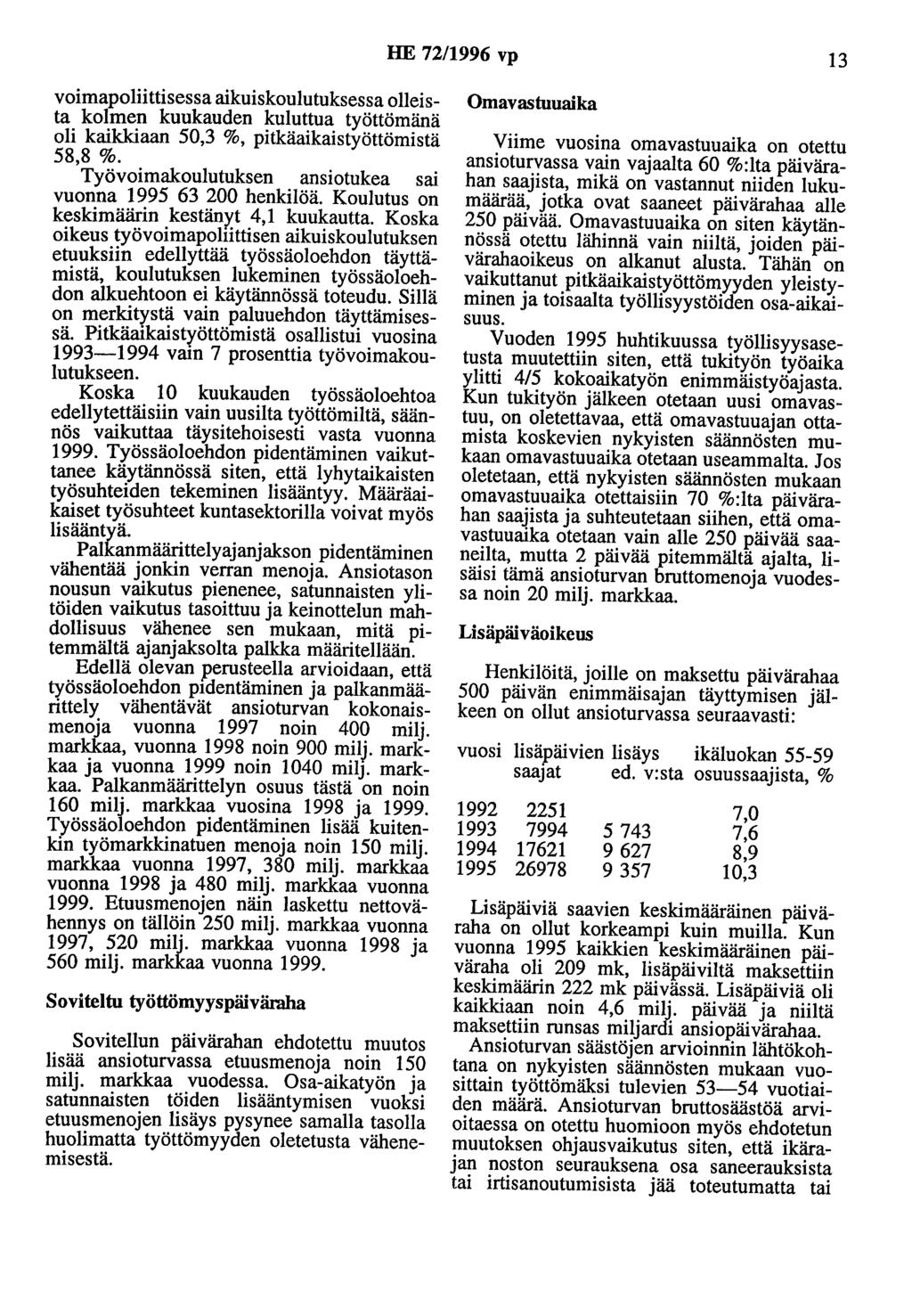 HE 72/1996 vp 13 voimapoliittisessa aikuiskoulutuksessa olleista kolmen kuukauden kuluttua työttömänä oli kaikkiaan 50,3 %, pitkäaikaistyöttömistä 58,8 %.