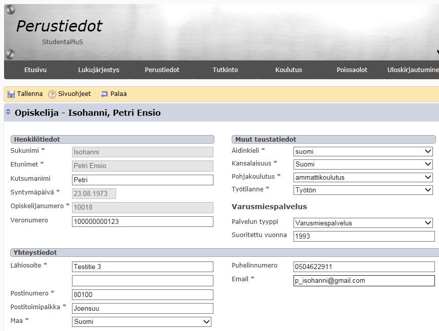 Kuva 6: Opiskelijan perustiedot Näytön alareunasta löytyy lohko opiskeluvalmiudet, jotka ovat samaa asiaa kuin henkilökunnan liittymällä sillä