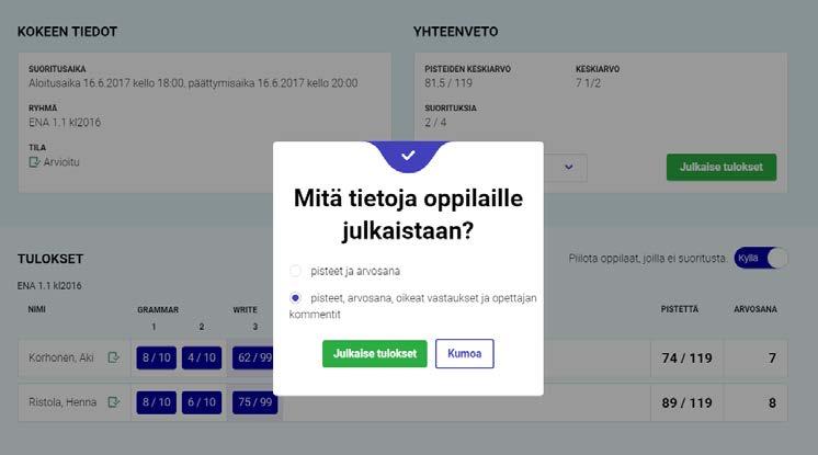 Valitse, haluatko julkaista oppilaille vain pisteet ja arvosanat vai haluatko oppilaiden näkevän myös oikeat vastaukset ja kommentit.