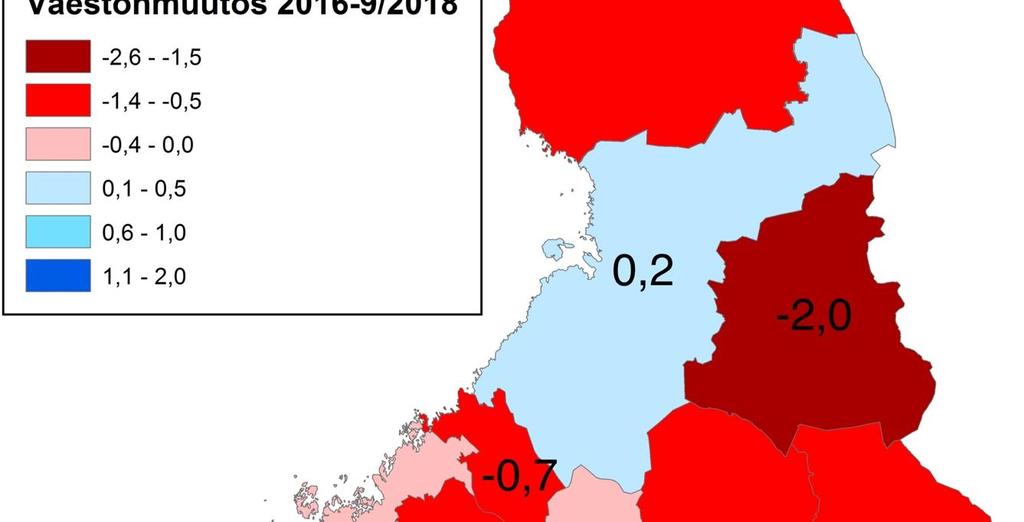 Koko maan väkiluku kasvoi 0,3 prosenttia vuosien 2016-9/2018 aikana Väestönlisäys keskittyi harvoille alueille: lähinnä kasvukolmion suurille maakunnille ja Pohjois-Pohjanmaalla Oulun seudulle.