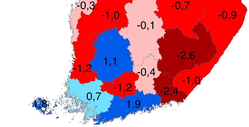 Varsinais-Suomen suhteellinen väestönlisäys oli selvästi alhaisempaa kuin Uudenmaan ja Pirkanmaan maakunnan väestönlisäys.