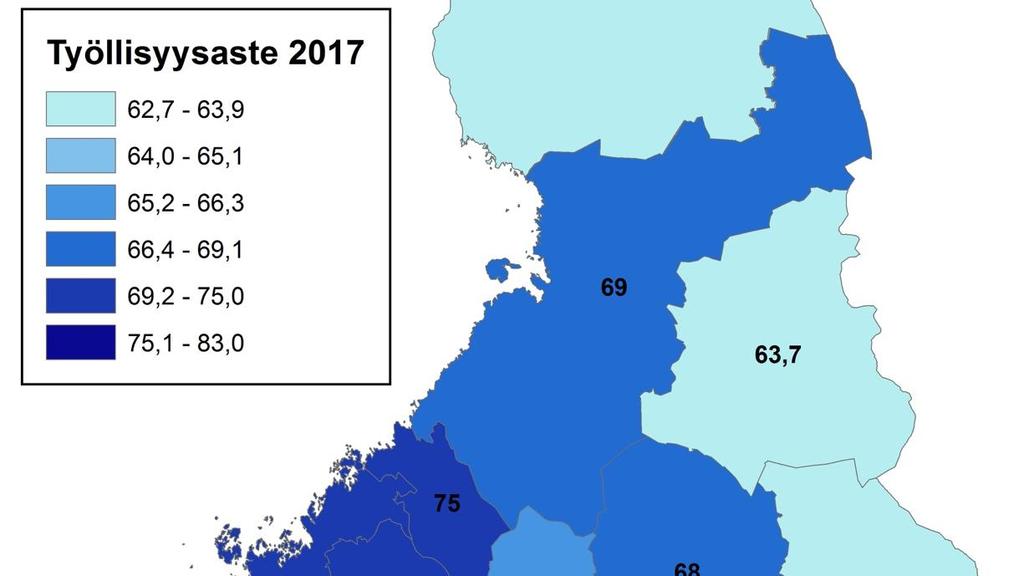 Koko maan työllisyysaste oli 69,6 prosenttia vuonna 2017 Varsinais-Suomen työllisyysaste oli 69,1 prosenttia vuonna 2017.