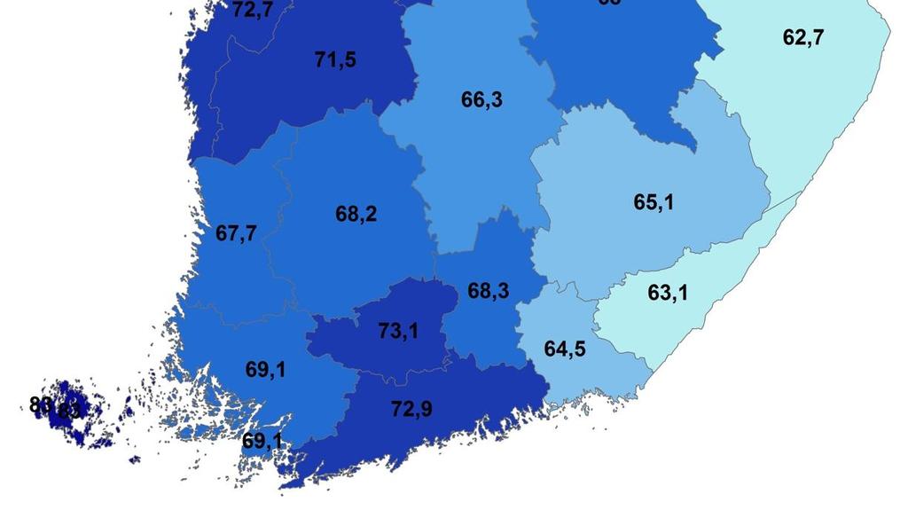 Toisaalta Varsinais-Suomen työllisyysaste oli korkeampi kuin Pirkanmaan työllisyysaste. Varsinais-Suomen työllisyysaste vahvistui vuosien 2015-2017 aikana 2,4 prosenttiyksikköä.