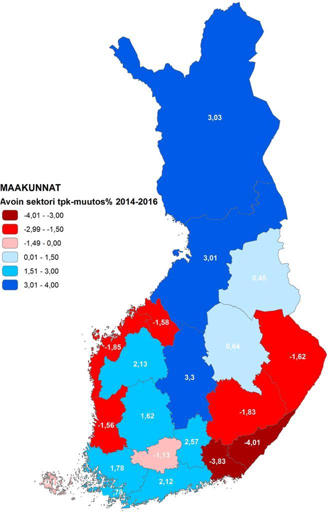 Varsinais-Suomen avoimen sektorin työpaikkakehitys Kartassa 3.
