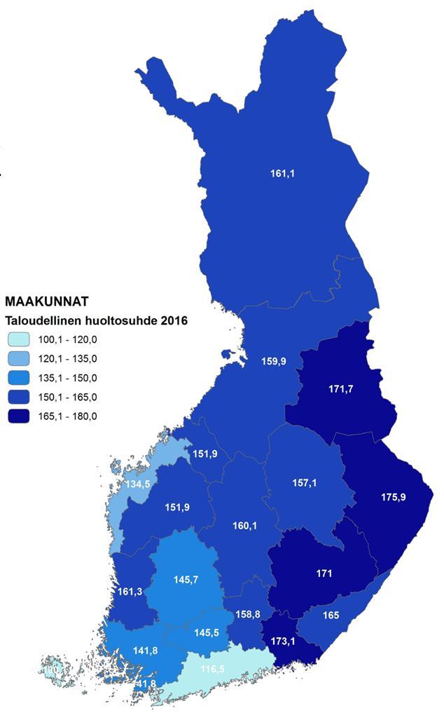 Varsinais-Suomen taloudellinen huoltosuhde Kartassa 4. on kuvattu taloudellista huoltosuhdetta vuonna 2016. Taloudellinen huoltosuhde kuvaa ei-työllisen väestön osuutta suhteessa työlliseen väestöön.