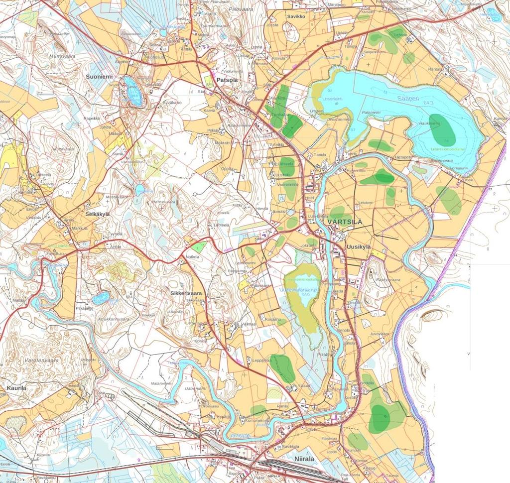 Kuva 23 Hanhien ruokailu- ja oleskelualueet syksyllä 2017 Tohmajärven Värtsilänlaakson ympäristössä merkittynä vihreällä värillä.