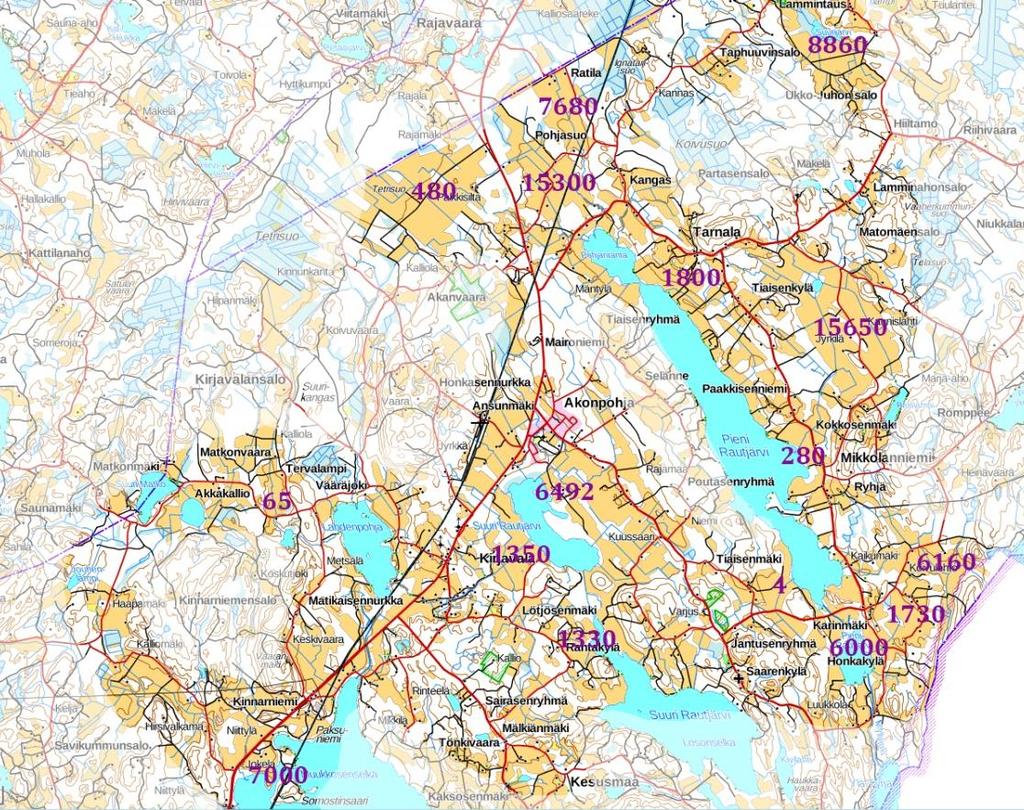 Kuva 9. Esimerkki valkoposkihanhien paikallismääristä 19.5.2015 Parikkalan Saaren pitäjästä (mukana vähän peltoja Uukuniemen pitäjästä ja vanhan Parikkalan kunnan alueelta).