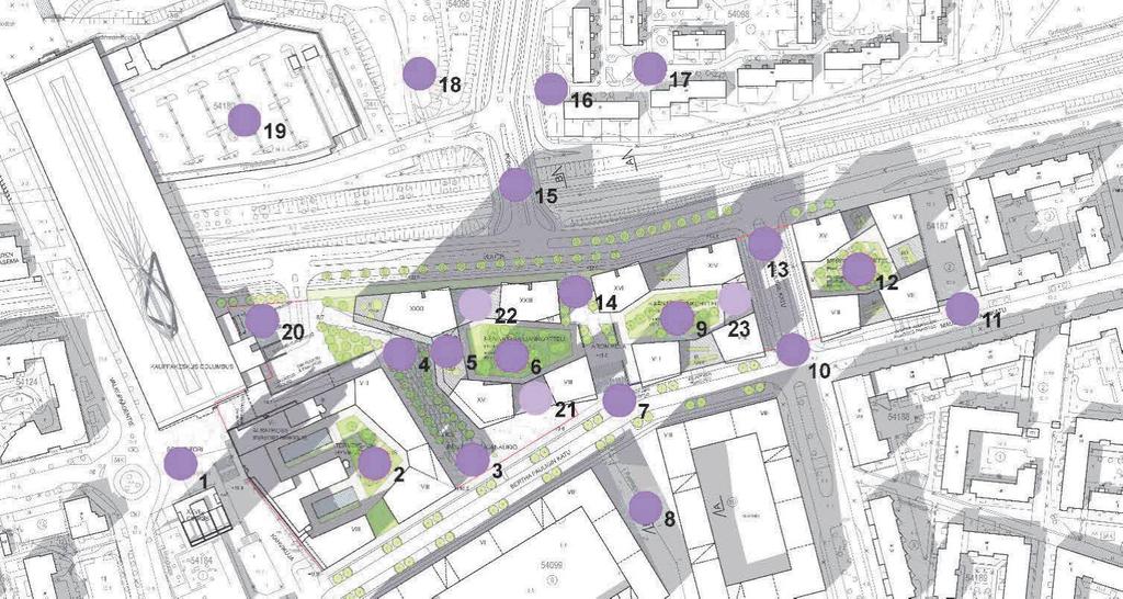 Kuva 7: Tuulisuuden tarkastelupisteet (kuva muokattu B & M Arkkitehdit ja Helsingin kaupungin