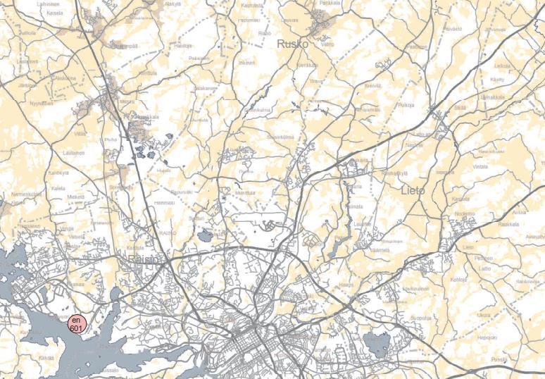 Sininen nuoli osoittaa suunnitellun Naantali - Lieto 400 kv voimajohdon sijaintia. Kuva 5.