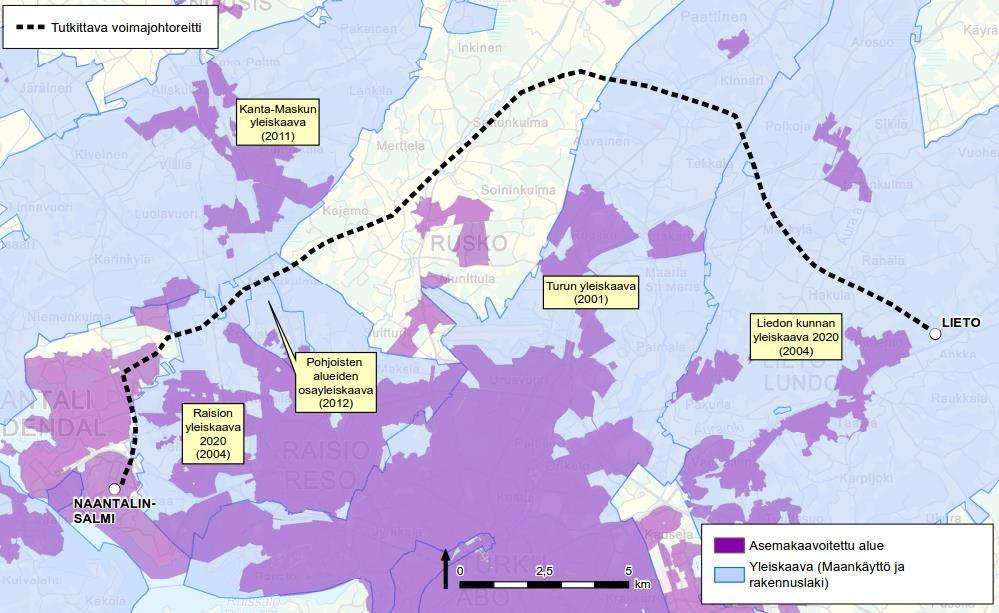 Selvitys maakuntakaavoitusta varten sivu 11 /36 Kuva 7. Yleis- ja asemakaavatilanne voimajohtoalueen läheisyydessä. 6 Ympäristön nykytila 6.