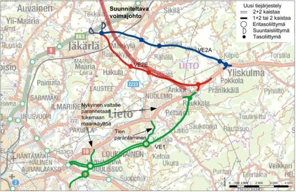 Selvitys maakuntakaavoitusta varten sivu 37 /36 Valtatielle 10 on valmistunut vuonna 2011 selvitys tien linjausvaihtoehdoista Liedossa.