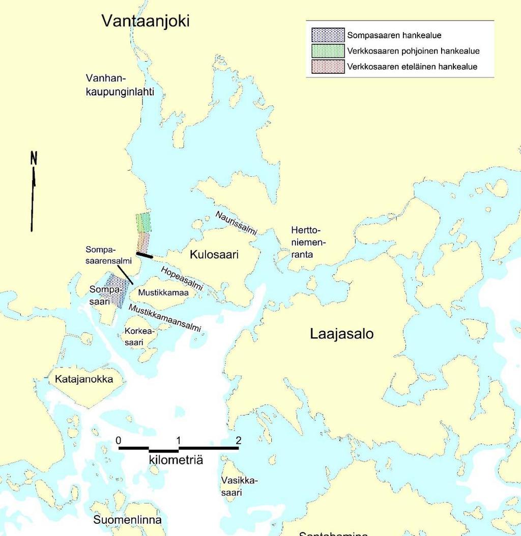 2 HANKEKUVAUS Sompasaarensalmeen sekä Sörnäistensalmen pohjoispuolelle sijoittuu useita vesistörakennushankkeita.