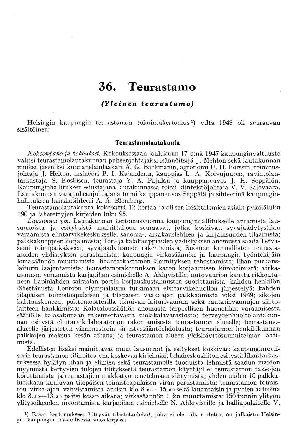6. Teurastamo (Yleinen teurastamo) Helsingin kaupungin teurastamon toimintakertomus ) sisältöinen: v:lta 948 oli seuraavan Teurastamolautakunta Kokoonpano ja kokoukset.